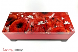 Red rectangle lacquer box hand-painted with lotus included with stand 18x45 cm